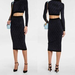 NWT Fendi FF Midi Pencil Skirt Black Knit FF Motif Cotton Sz 36